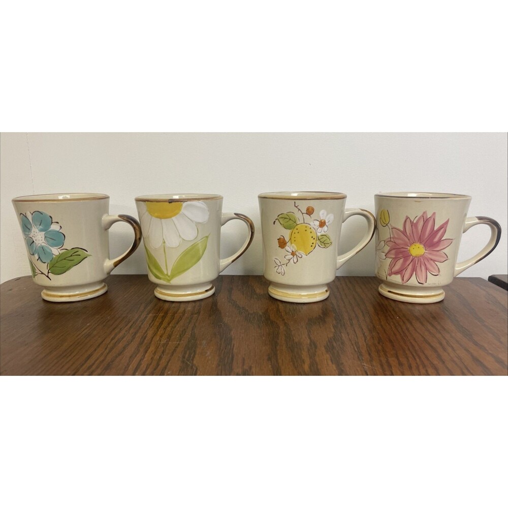4 Vtg Sunnycraft Stoneware Coffee Mugs Floral Lemon Daisy Pink Blue Country